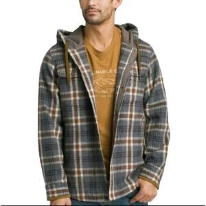 PRANA Men's Asgard Hooded Flannel Shirt Jacket Gray Mustard Plaid Size XL